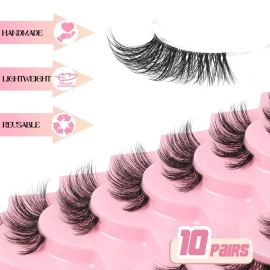 Ahrikiss Half Lashes Natural Lashes 10 Pairs Fluffy Volume False Eyelashes with Clear Band Soft 3D Wispy Lashes TB03