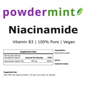 powdermint Niacinamide Powder (Vitamin B3) Pure Niacin Powder 500 mg Flush-Free Supplement (100 Grams)