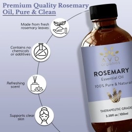 AVD Organics Rosemary Essential Oil 100ml - 100% Pure and Natural - Therapeutic Grade Aromatherapy Essential Oil for Relaxation, Skin & Hair Care- 3.38 fl. Oz