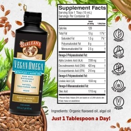 Barlean\'s Vegan Omega Pure Algae Oil & Flax Oil Blend with 630 mg EPA/DHA and 7,200 mg ALA - Vegan, Gluten-Free - 16oz