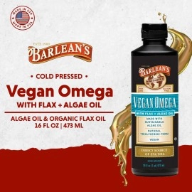 Barlean\'s Vegan Omega Pure Algae Oil & Flax Oil Blend with 630 mg EPA/DHA and 7,200 mg ALA - Vegan, Gluten-Free - 16oz