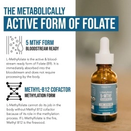 Organic Methyl Folate 15mg | Plus Methyl B12 Cofactor - Cherry Flavor, Professional Strength, Liquid Sublingual, Active 5-MTHF Form - Supports Mood, Homocysteine Methylation, Cognition (60 Servings)