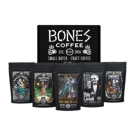 Bones Coffee Company NEW Flavors! Favorite Flavors Sample Pack | Pack of 5 Assorted Ground Coffee Beans | Low Acid Medium Roast Gourmet Coffee Beverages (Ground), B2273
