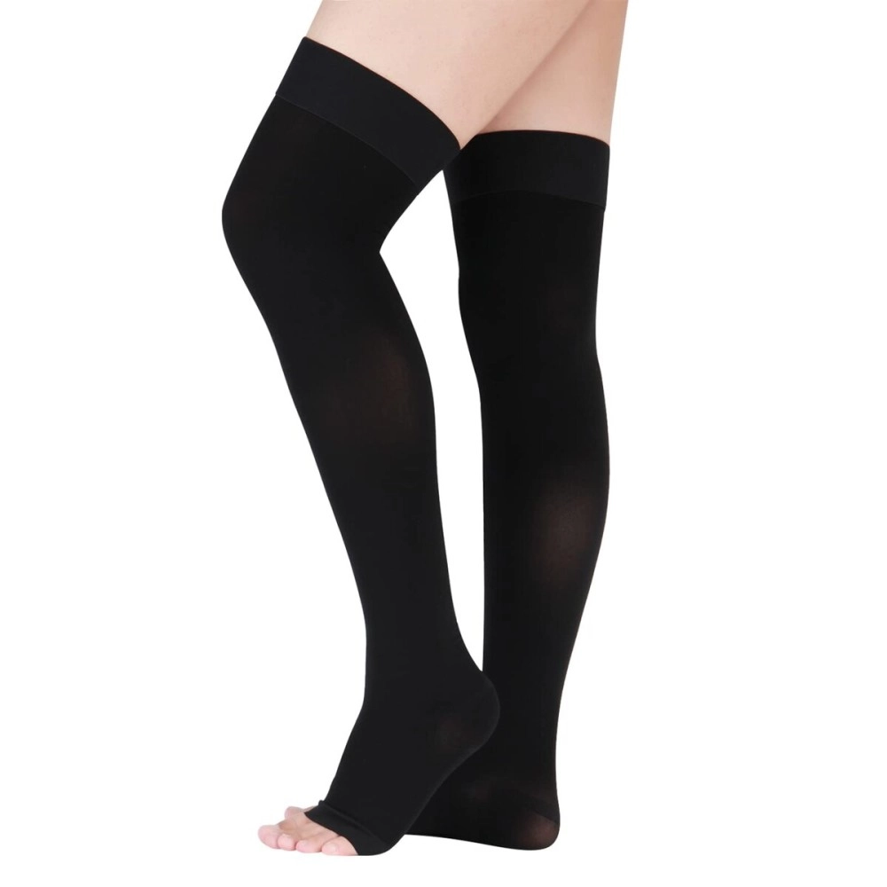 LIN PERFORMANCE 15-20 mmHg Compression Stockings for Women and Men Thigh High Dot-Top Open Toe Socks for Varicose Vein Swollen legs Travel Flight Pregnant(Black,M)