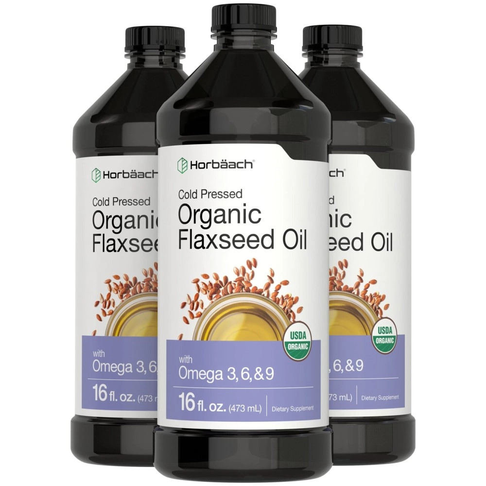 Horbach Organic Flaxseed Oil | 3 Pack | 16 fl oz Each | Cold Pressed | with Omega 3, 6, 9 | Vegetarian, Non-GMO, Gluten Free Liquid