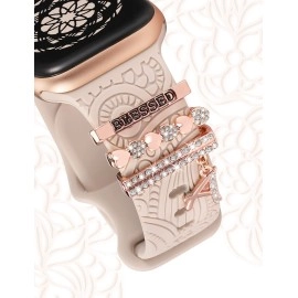 TOYOUTHS (Include Band) Decorative Ring Loops Compatible with Apple Watch Band Charms 41mm 40mm 38mm Women, Boho Engraved Fancy Accessories Silicone Dressy Strap for iWatch Series 9 SE 8 7 6 5 4 3 2 1