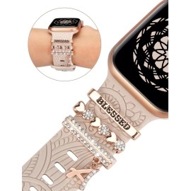 TOYOUTHS (Include Band) Decorative Ring Loops Compatible with Apple Watch Band Charms 41mm 40mm 38mm Women, Boho Engraved Fancy Accessories Silicone Dressy Strap for iWatch Series 9 SE 8 7 6 5 4 3 2 1