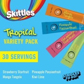 SINGLES TO GO! Skittles Go Tropical Flavors Variety Pack, Powdered Drink Mix, Includes 4 Flavors, Strawberry Starfruit, Mango Tangelo, Kiwi Lime, Pineapple Passionfruit, 1 Box (30 Single Servings)