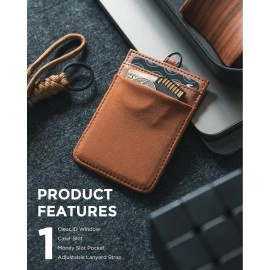 VULKIT ID Badge Holder with Lanyard for Women and Men Vertical Leather Badge Holder with Clear ID Window Card Holder Slot and Money Pocket