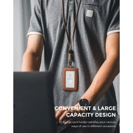 VULKIT ID Badge Holder with Lanyard for Women and Men Vertical Leather Badge Holder with Clear ID Window Card Holder Slot and Money Pocket