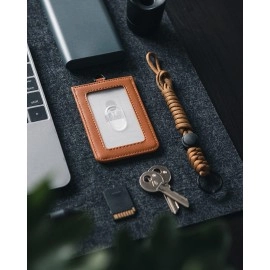 VULKIT ID Badge Holder with Lanyard for Women and Men Vertical Leather Badge Holder with Clear ID Window Card Holder Slot and Money Pocket