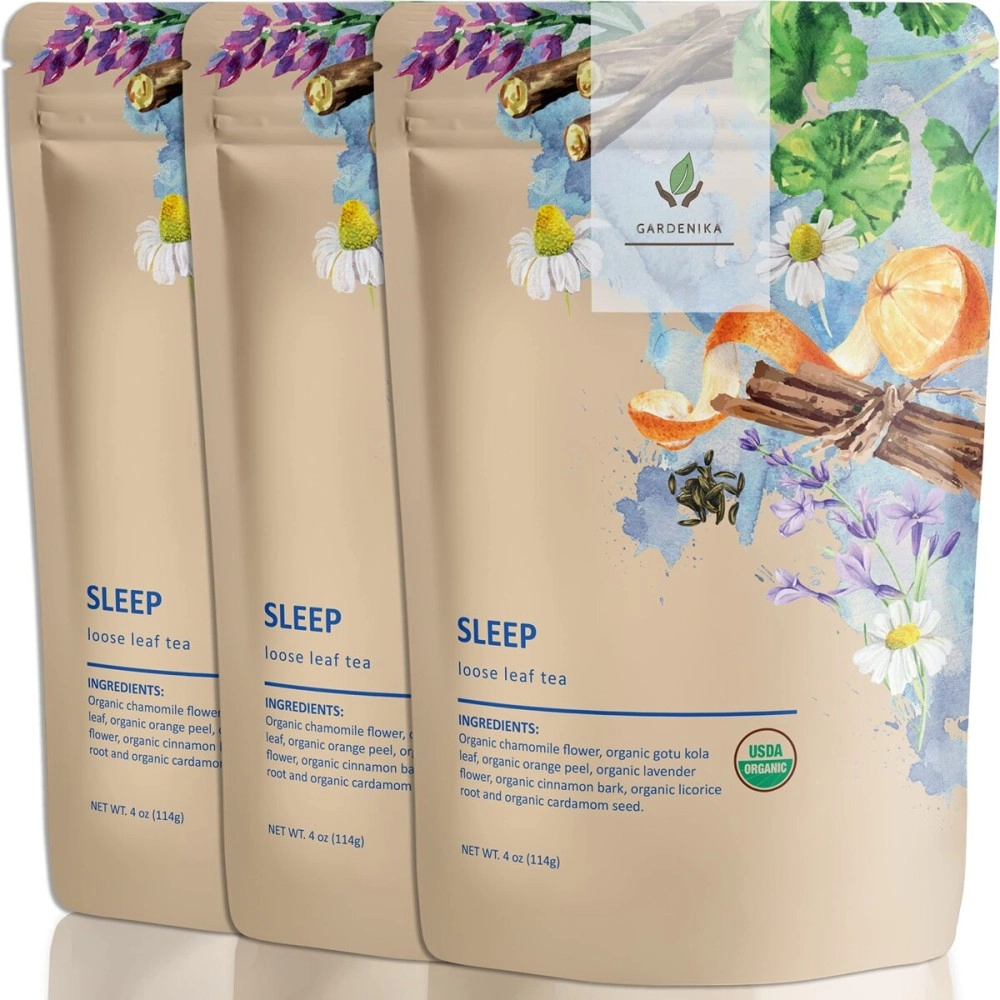 Gardenika Organic Sleep Loose Leaf Tea with Chamomile and Lavender Flowers, Herbal Caffeine Free Leaves, Ayurvedic Blend - 3 Pack