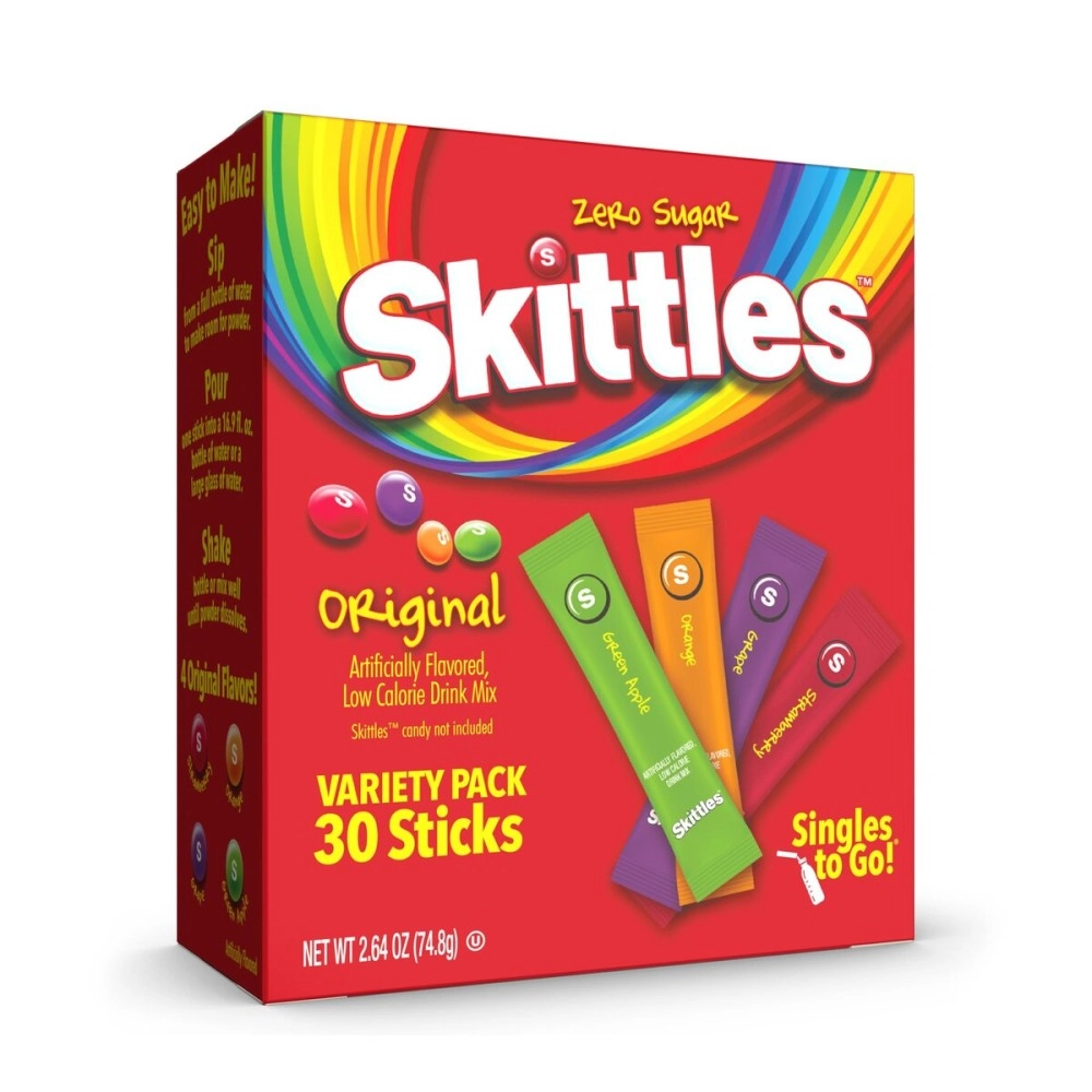 SINGLES TO GO! Skittles Go Variety Pack, Powdered Drink Mix, Zero Sugar, Low Calorie, Includes 4 Flavors: Green Apple, Strawberry, Grape, Orange, 1 Box (30 Servings)