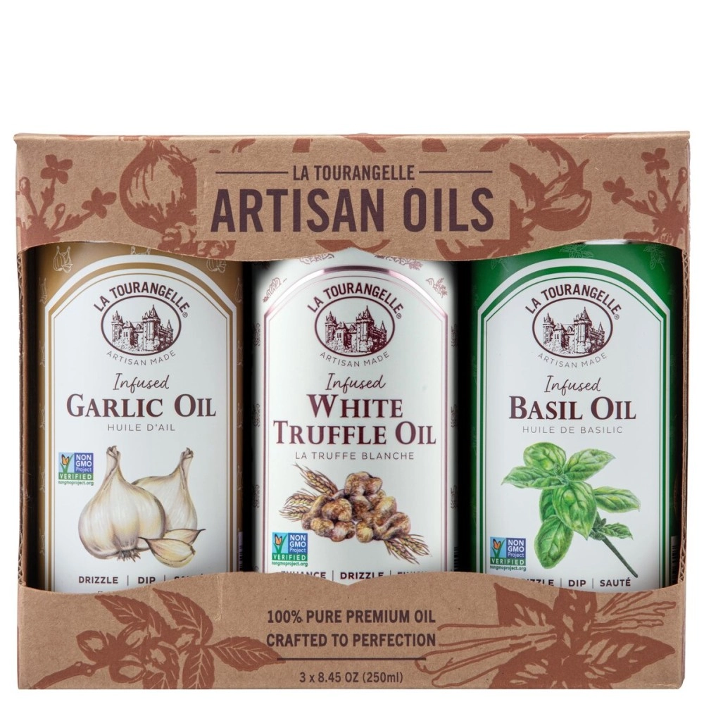 La Tourangelle, Infused Trio of Oils - Basil Oil, Garlic Oil, White Truffle Oil,Complex Gourmet Earthy Flavor for Drizzling over Pasta, Popcorn, Vegetables, Potatoes, Soup and More, 8.45 fl oz (Set of
