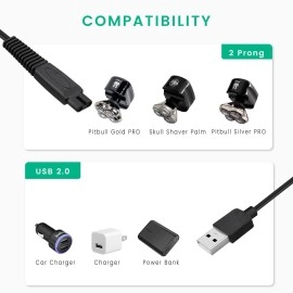 SMAYS Charger Cord Replacement for Skull Shaver Pitbull Gold Pro, Palm, Platinum Electric Razor - USB Cable 2-Pack