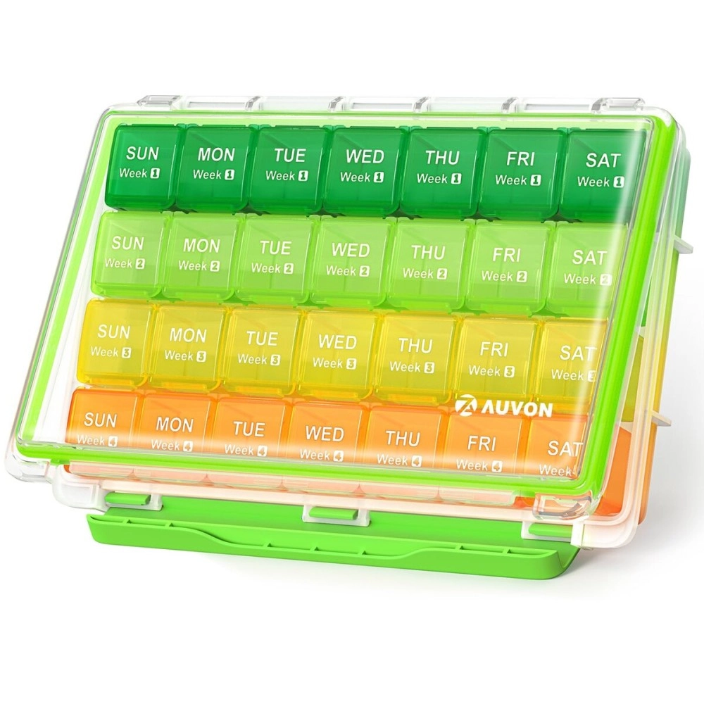 AUVON Moistureproof Monthly Pill Organizer, Travel-Friendly Weekly Pill Box with Removable 4 Weeks Pill Case Rows, Large 28 Days Pill Container for Fish Oils, Vitamins, Supplements and Medications