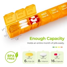 AUVON Moistureproof Monthly Pill Organizer, Travel-Friendly Weekly Pill Box with Removable 4 Weeks Pill Case Rows, Large 28 Days Pill Container for Fish Oils, Vitamins, Supplements and Medications