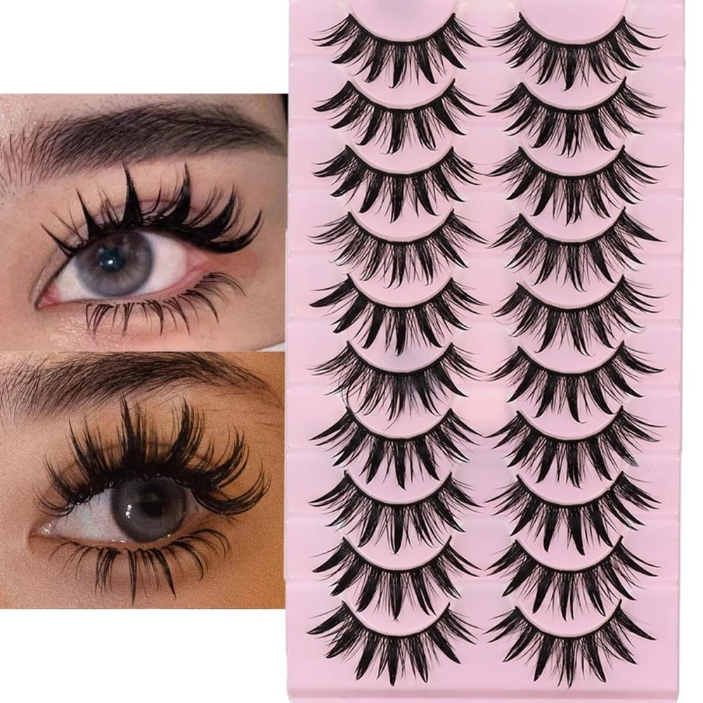 DSLONG 10 Pairs Manga Lashes Wet Look Lashes Effect Cat Eye Lashes Extension Spiky Mink Lashes Japanese Cosplay Styles Anime Fake Eyelashes Reusable