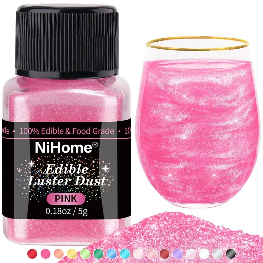 NiHome Edible Luster Dust Glitter Powder Metallic Fancy Food Decorating Sprinkle Glimmery Brew Dust for Drink Wine Beverage Cake Dessert Home Bakery Restaurant Vegan Allergen-Free (Pink, 5g/0.18oz)