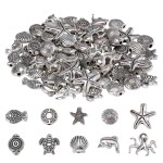 CREATZONE 100Pcs Antique Silver Sea Animal Spacer Beads Assorted Tibetan Ocean Themed Tiny Loose Beads Starfish Shell Fish Turtle Dolphin Octopus Beads for DIY Bracelet Jewelry Earring Necklace Making