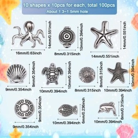 CREATZONE 100Pcs Antique Silver Sea Animal Spacer Beads Assorted Tibetan Ocean Themed Tiny Loose Beads Starfish Shell Fish Turtle Dolphin Octopus Beads for DIY Bracelet Jewelry Earring Necklace Making