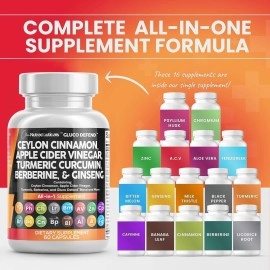 Clean Nutraceuticals Ceylon Cinnamon 3000mg Turmeric 3000mg Apple Cider Vinegar 3000mg Ginseng 2000mg Berberine 1200mg Plus Bitter Melon Gymnema Milk Thistle Fenugreek