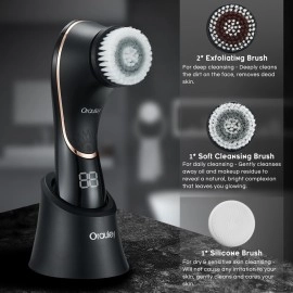 Orauley Facial Cleansing Brush, Electric Face Scrubber Rechargeable Exfoliator IPX-7 Waterproof Rotating Cleanser for Exfoliating, Massaging and Deep Cleansing for Women & Men with 4 Brush Heads Black