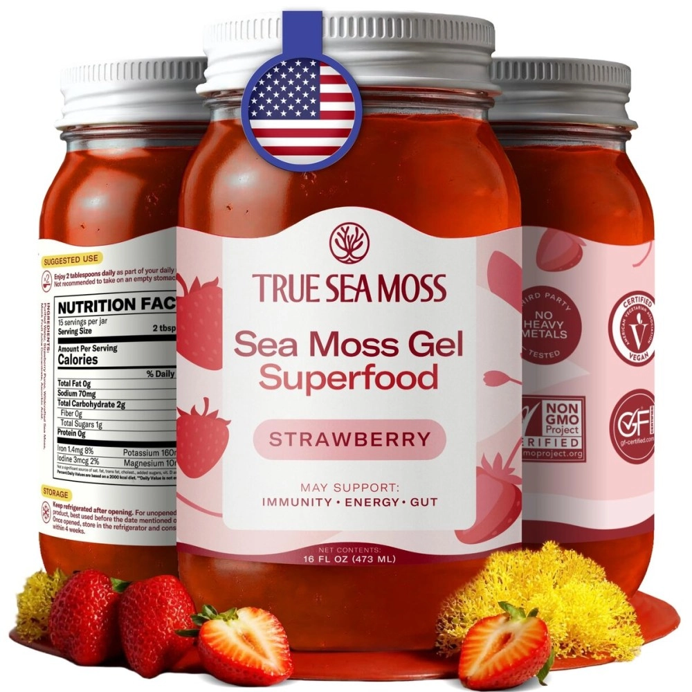 TrueSeaMoss Wildcrafted Irish Sea Moss Gel - Nutritious Organic Raw Seamoss Rich in Minerals, Proteins & Vitamins - Antioxidant Health Supplement, Vegan-Friendly Made in USA (Strawberry, Pack of 1)