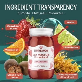 TrueSeaMoss Wildcrafted Irish Sea Moss Gel - Nutritious Organic Raw Seamoss Rich in Minerals, Proteins & Vitamins - Antioxidant Health Supplement, Vegan-Friendly Made in USA (Strawberry, Pack of 1)