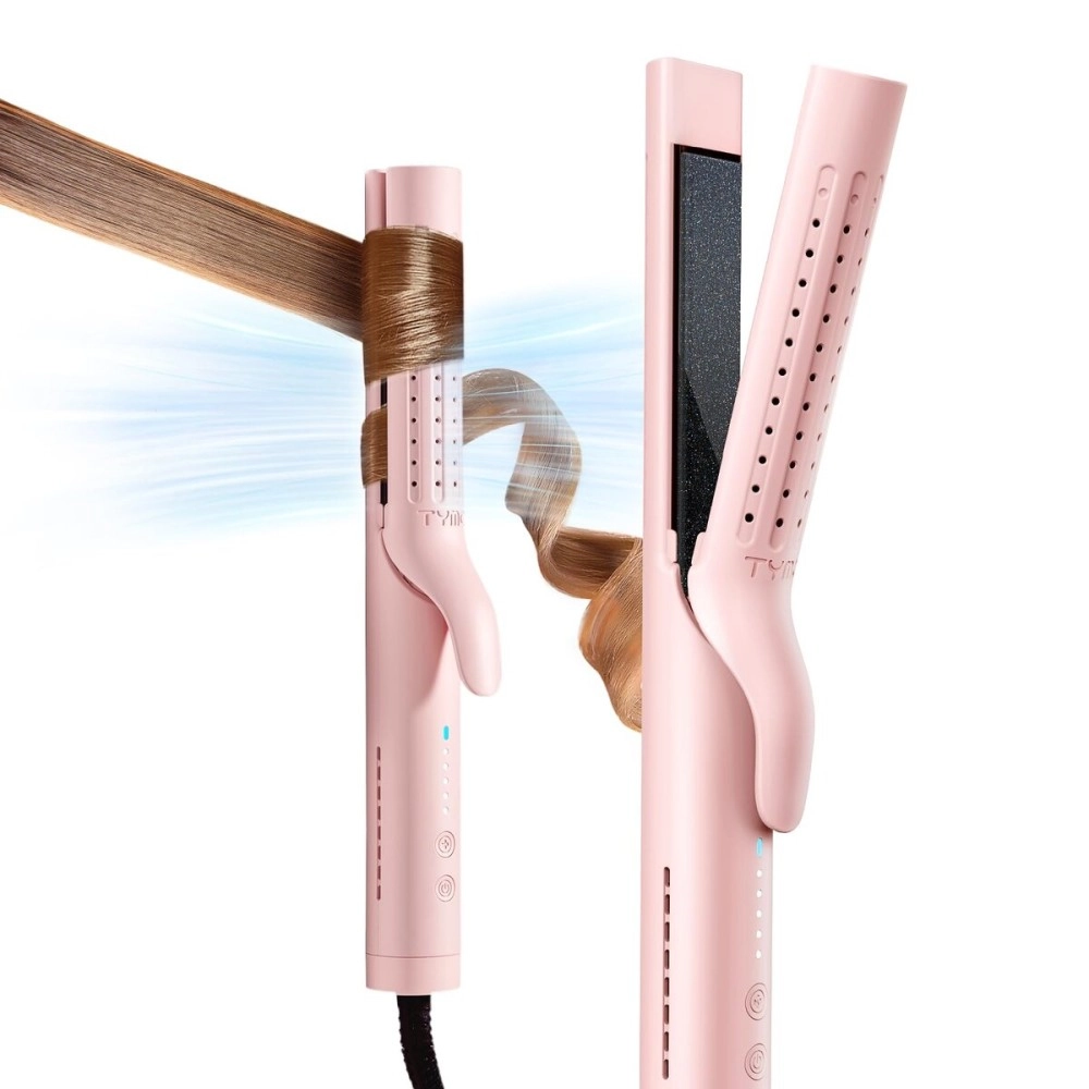 TYMO Airflow Curling Iron for Lasting Curls - Flat Iron Hair Straightener and Curler 2 in 1, Anti-Scald Ionic Curling Wand 1.25 Inch, 360 Cool Air, 5 Temps & Dual Voltage for Long Short Hair, Pink