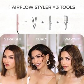 TYMO Airflow Curling Iron for Lasting Curls - Flat Iron Hair Straightener and Curler 2 in 1, Anti-Scald Ionic Curling Wand 1.25 Inch, 360 Cool Air, 5 Temps & Dual Voltage for Long Short Hair, Pink