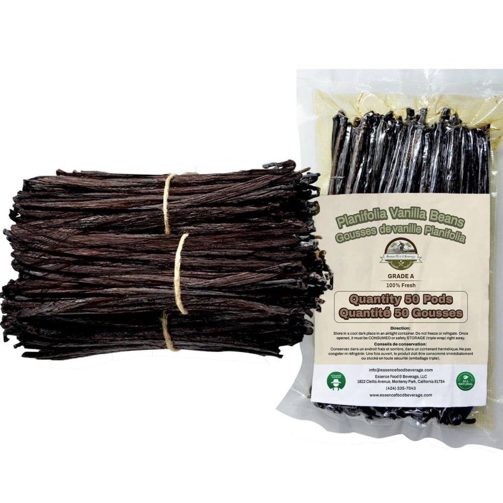 ESSENCE FOOD & BEVERAGE 50 Extra Large Vanilla Beans Grade A - NON-GMO Fresh Vanilla Bean pods, 6-9 Inches Vanilla Bean, Vanilla Beans For Making Vanilla Extract Grade A