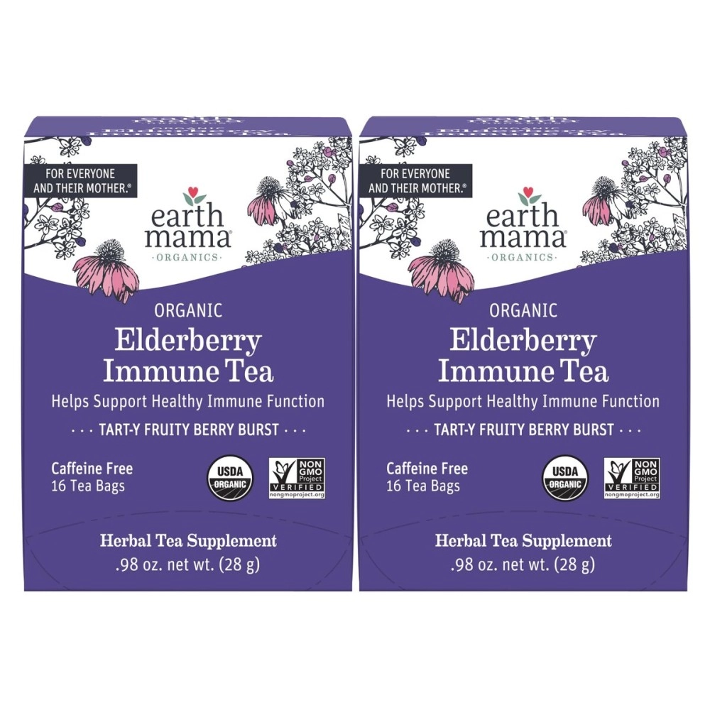 Earth Mama Organic Elderberry Immune Support Tea with Echinacea | Safe for Pregnancy, Breastfeeding, Postpartum, Kids and Family Essentials, Decaf Tea with Ginger & Rooibos, 16-Count (2-Pack)