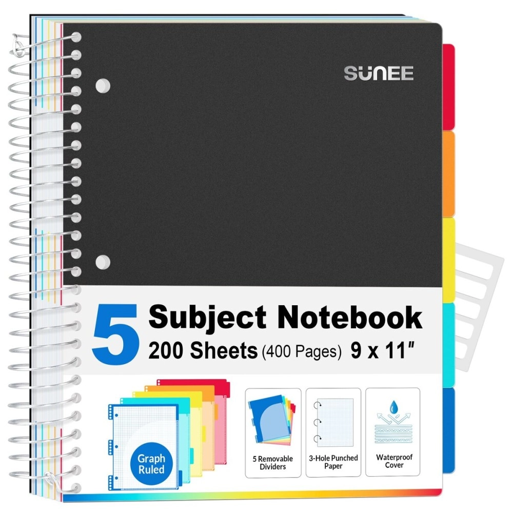 SUNEE 5 Subject Graph Paper Notebook - 400 Pages, 8.5x11, 4x4 Graph Ruled Notebook, 5 Pocket Colored Dividers, 3-Hole Punched Paper, Black