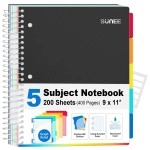 SUNEE 5 Subject Graph Paper Notebook - 400 Pages, 8.5x11, 4x4 Graph Ruled Notebook, 5 Pocket Colored Dividers, 3-Hole Punched Paper, Black