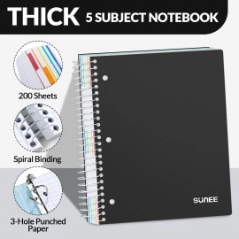 SUNEE 5 Subject Graph Paper Notebook - 400 Pages, 8.5x11, 4x4 Graph Ruled Notebook, 5 Pocket Colored Dividers, 3-Hole Punched Paper, Black