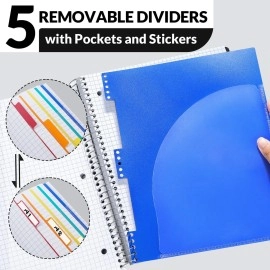 SUNEE 5 Subject Graph Paper Notebook - 400 Pages, 8.5x11, 4x4 Graph Ruled Notebook, 5 Pocket Colored Dividers, 3-Hole Punched Paper, Black