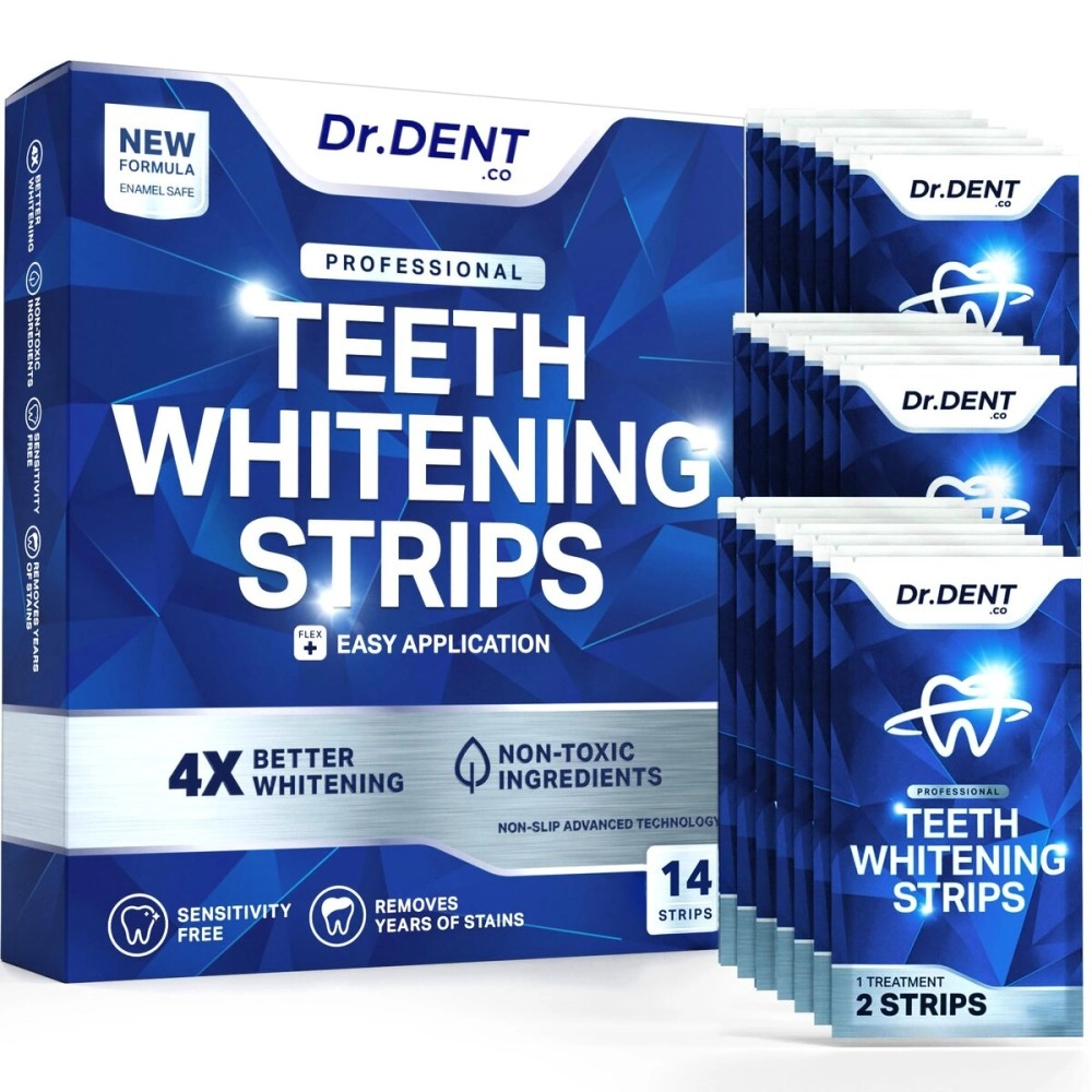 DrDent Professional Teeth Whitening Strips 7 Treatments - Safe for Enamel - Non Sensitive Teeth Whitening - Whitening without Any Harm - Pack of 14 Strips + Mouth Opener Included
