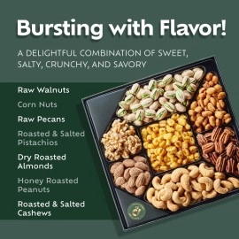 Assorted Nuts Gift Basket - 7 Nut Gift Box with Walnuts, Cashews, Corn Nuts, Honey Roasted Peanuts, Pistachios, Pecans, Almonds - Holiday Nut Sampler Gift - Christmas Food Snacks & Thanksgiving Gifts