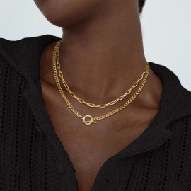 CHESKY Gold Layered Necklaces for Women, 14K Dainty Gold Chain Necklace Women Trendy Cuban Link Paperclip Chain Toggle Clasp Necklace Fashion Chunky Jewelry for Women, Brass, No Gemstone
