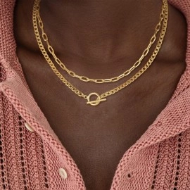 CHESKY Gold Layered Necklaces for Women, 14K Dainty Gold Chain Necklace Women Trendy Cuban Link Paperclip Chain Toggle Clasp Necklace Fashion Chunky Jewelry for Women, Brass, No Gemstone