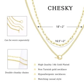 CHESKY Gold Layered Necklaces for Women, 14K Dainty Gold Chain Necklace Women Trendy Cuban Link Paperclip Chain Toggle Clasp Necklace Fashion Chunky Jewelry for Women, Brass, No Gemstone