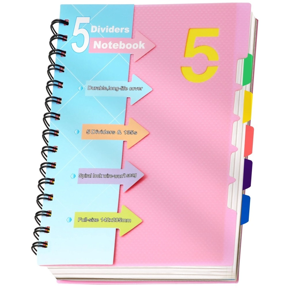 CAGIE 5 Subject Notebook College Ruled, Small Spiral Notebook 5x7 with Removable Divider Tabs, Lined Spiral Notebook for Women, 220 Pages A5 Spiral Notebooks for School Note Taking, Pink