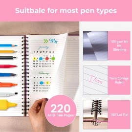 CAGIE 5 Subject Notebook College Ruled, Small Spiral Notebook 5x7 with Removable Divider Tabs, Lined Spiral Notebook for Women, 220 Pages A5 Spiral Notebooks for School Note Taking, Pink