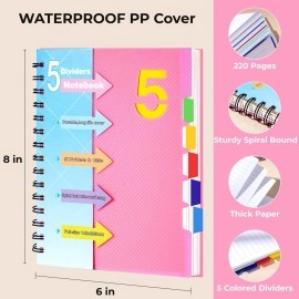 CAGIE 5 Subject Notebook College Ruled, Small Spiral Notebook 5x7 with Removable Divider Tabs, Lined Spiral Notebook for Women, 220 Pages A5 Spiral Notebooks for School Note Taking, Pink