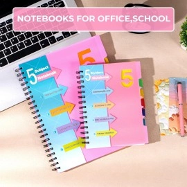 CAGIE 5 Subject Notebook College Ruled, Small Spiral Notebook 5x7 with Removable Divider Tabs, Lined Spiral Notebook for Women, 220 Pages A5 Spiral Notebooks for School Note Taking, Pink