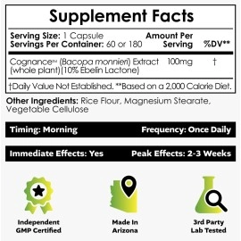 Nootropics Depot Cognance Enhanced Bacopa Capsules | 100mg | 10% Ebelin Lactone | Bacopa monnieri | Mood, Memory, & 5-HT2A Activation, 60 Count (Pack of 1)