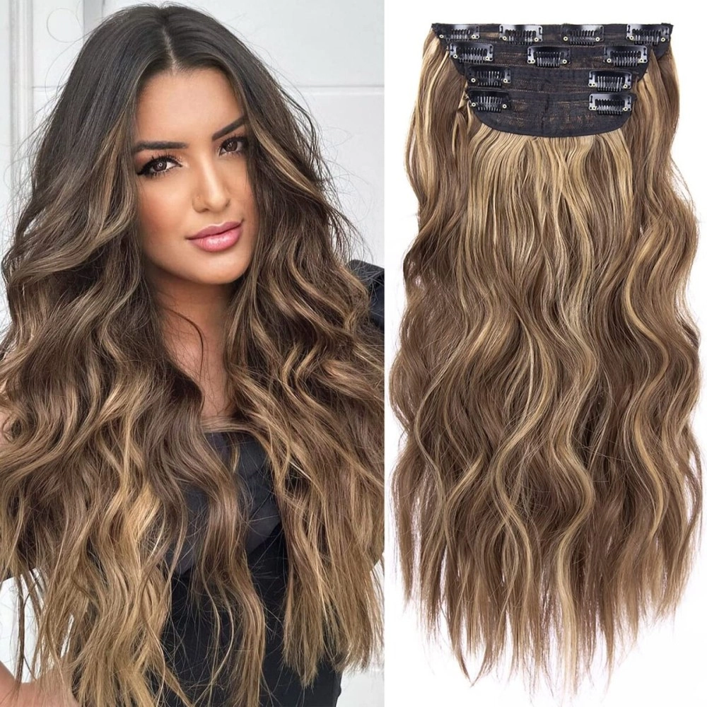 LEEONS 4PCS Clip in Hair Extensions Honey Blonde Mixed Light Brown 20 Inch Long Wavy Synthetic Hair Extensions (4pcs, 20Inch, 22H10)