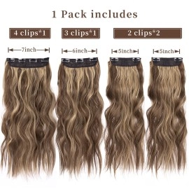 LEEONS 4PCS Clip in Hair Extensions Honey Blonde Mixed Light Brown 20 Inch Long Wavy Synthetic Hair Extensions (4pcs, 20Inch, 22H10)