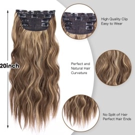 LEEONS 4PCS Clip in Hair Extensions Honey Blonde Mixed Light Brown 20 Inch Long Wavy Synthetic Hair Extensions (4pcs, 20Inch, 22H10)